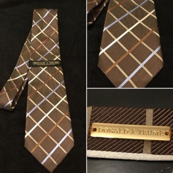 Donald J Trump Signature Collection mens necktie Tie Brown Check Plaid